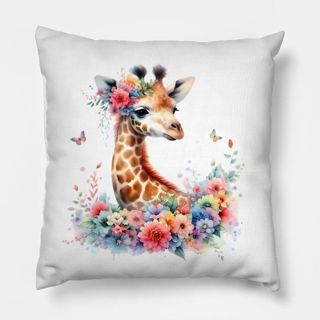 A baby giraffe decorated with beautiful colorful flowers. Pillow by CreativeSparkzz