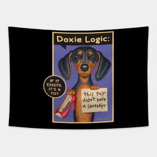 Cute Doxie Dog with new chew toy on Black Dachshund Holding Red Shoe tee Tapestry