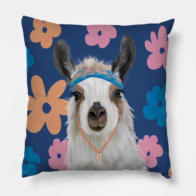 Llama | Cute Llama | Bohemian Llama on Retro flowers Pillow by Suneldesigns