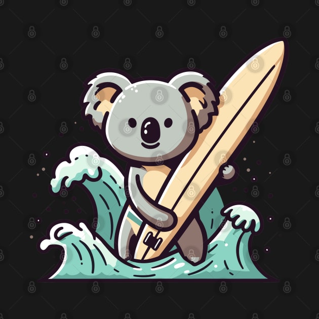 Cute koala with surfboard, koala bear surfing with sea waves, koala lover design, summer vacation by Nora Liak