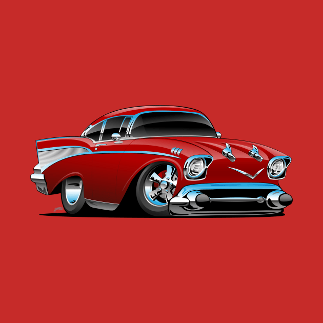 Classic hot rod 57 muscle car, low profile, big tires and rims, candy apple red cartoon by hobrath