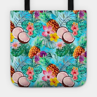 tropical pineapple exotic botanical illustration with floral tropical fruits, blue aqua fruit pattern over a Tote