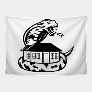 King Cobra or Ophiophagus Hannah Venomous Snake Guarding a House Ready to Attack Mascot Black and White Tapestry