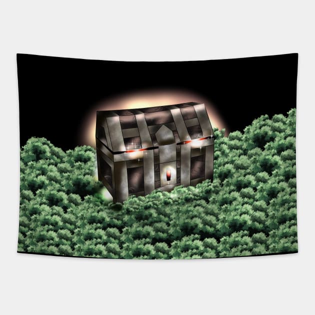 Glowing mimic chest in the garden at night Tapestry by cuisinecat