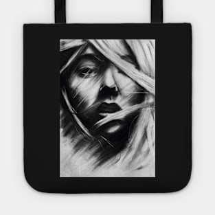 charcoal drawing odf a girl with windy hair Tote