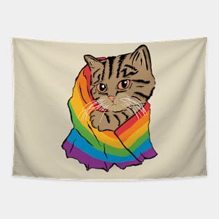 Cat with a Rainbow Pride Flag Tapestry