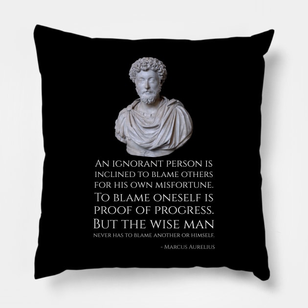 An ignorant person is inclined to blame others for his own misfortune. To blame oneself is proof of progress. But the wise man never has to blame another or himself. - Marcus Aurelius Pillow by Styr Designs