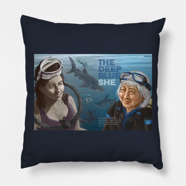 Dr. Eugenie Clark: The Deep Blue She Pillow by Dustin Resch