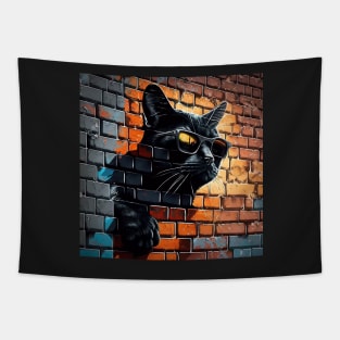 Black cat in sunglasses painted onto brick wall Sticker Tapestry