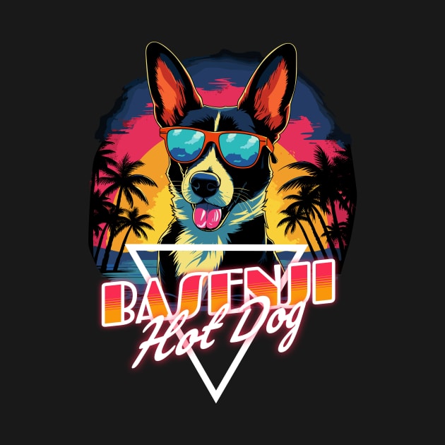 Retro Wave Happy Basenji Hot Dog Shirt by Miami Neon Designs