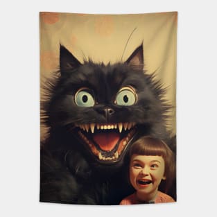 Vintage Little Girl and Creepy Cat - Enchanting Retro Art Tapestry