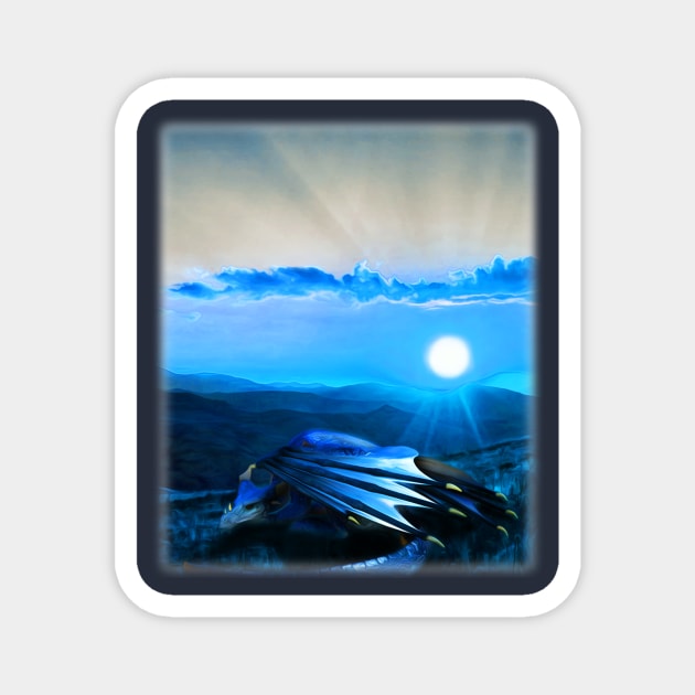 Blue Fantasy Dragon on a Moonlight Mountain Landscape Magnet by XanderWitch Creative