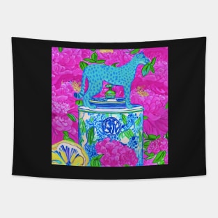 Blue panther in peony garden Tapestry