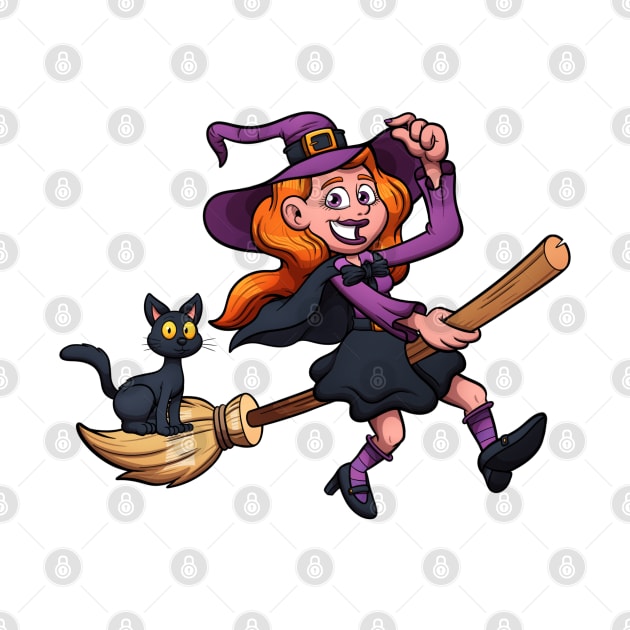 Cute Witch On Broom With Black Cat by TheMaskedTooner