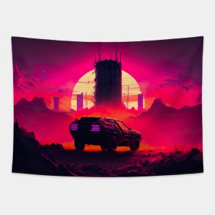 Dystopian Cyberpunk City And Retro Futuristic Car In Synthwave Aesthetic Tapestry