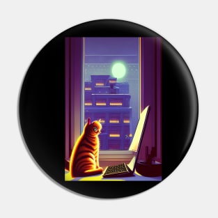 Cat Working On Office At Night Comic Artwork Style Pin