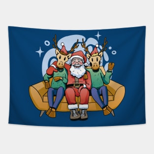 Funny Cartoon Santa Claus & Reindeer on the Couch Tapestry