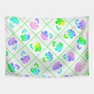 Window Pane Diagonal Floral Green Line on White Tapestry