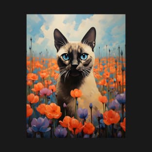 Retro Vintage Siamese Cat Art | Feline Garden Delight T-Shirt