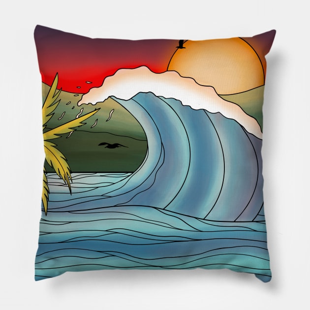Ocean sunset landscape Pillow by Trent Montgomery