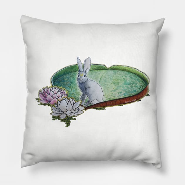 Watercolor Halloween Lunar Spirits Bunny and Giant Water Lily Pillow by Jessfm