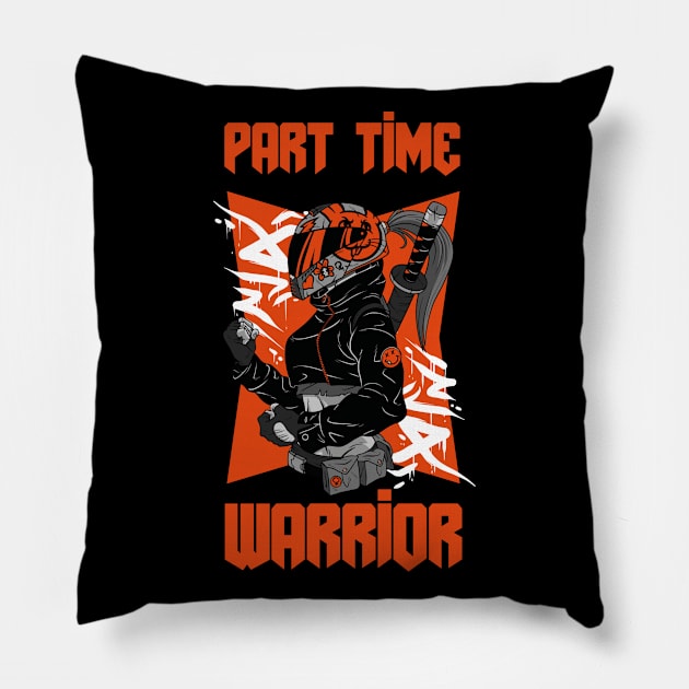 Part Time Warrior Anime Biker Girl Katana Pillow by BlueTodyArt