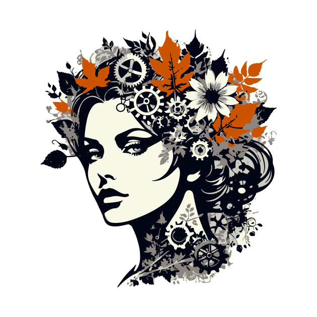 Graphic Art Portrait – Woman, Leaves, And Gears by Well3eyond