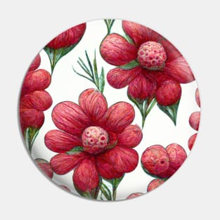 Puffy red and pink 3D flowers in a pattern with green stems on a white background. Pin