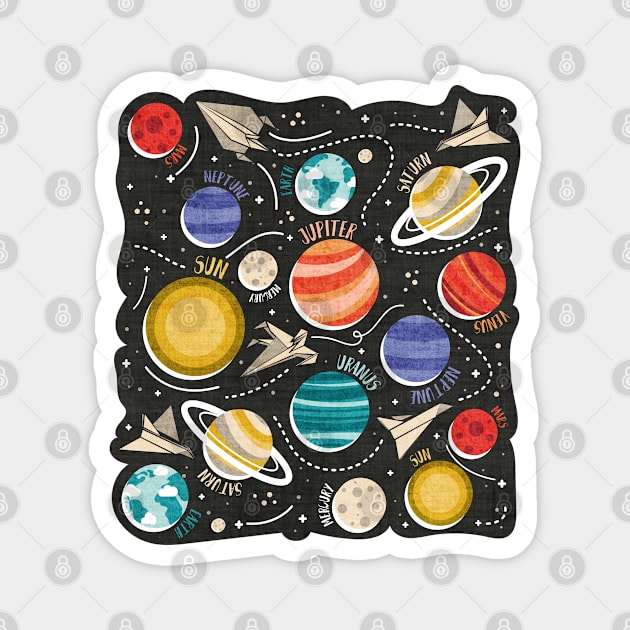 Paper space adventure II // illo // black background multicoloured solar system paper cut planets origami paper spaceships and rockets Magnet by SelmaCardoso