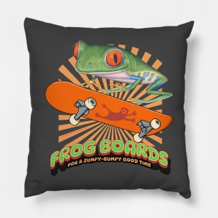 cute and funny red eyed tree frog riding a skateboard having a jumpy bumpy good time tee Pillow