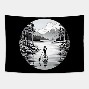 Serene Lake Paddleboarding Adventure Illustration Tapestry