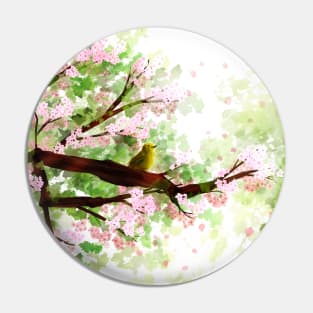 A flowering tree in the warmth with a bird on a branch Pin