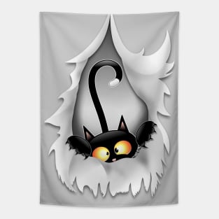 Funny Cat Cartoon in ripped fabric Hole Tapestry