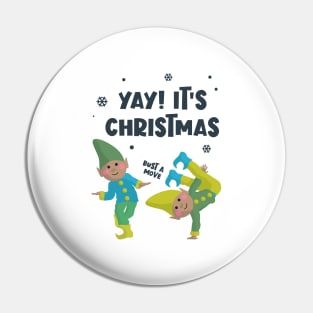 Yay, It's Christmas - Dancing Elves in Blue Snow Pin