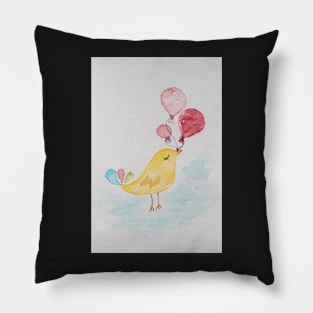 Little cute bird with balloons. Watercolor hand painted illustration for greeting card Pillow