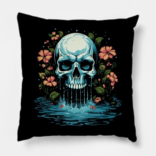 Flowers and waterfall - tattoo art skull Pillow
