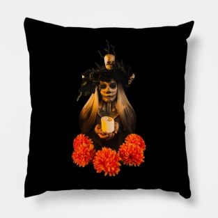 Sugar skull lady with candle and flowers Pillow