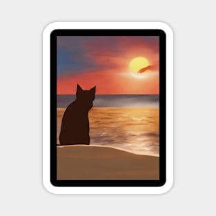 Cute Cat Watching Sunset Scene Magnet