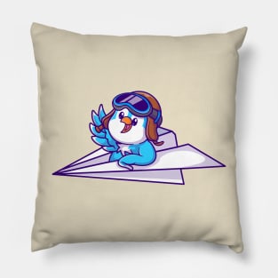 Cute Bird Riding Paper Airplane Cartoon Pillow