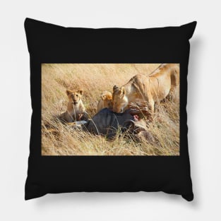 Lioness  & her Cubs at a Wildebeest Kill, Maasai Mara, Kenya Pillow