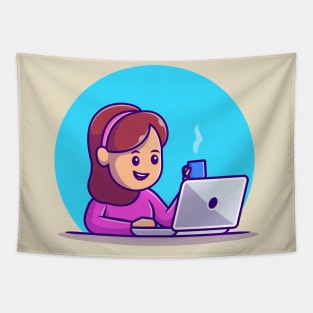 Cute Girl Working On Laptop With Cup Coffee Tapestry