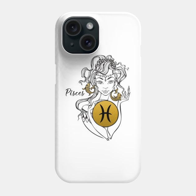 Pisces - Beautiful Girl Gold Illu Zodiac Phone Case by Art Consulate