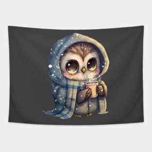 Chibi Owl Drinking Hot Chocolate cute christmas snow design series 5 Tapestry