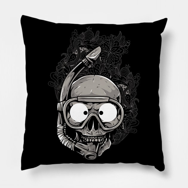 Funny skull wearing a snorkeling mask, on a floral background Pillow by peace and love