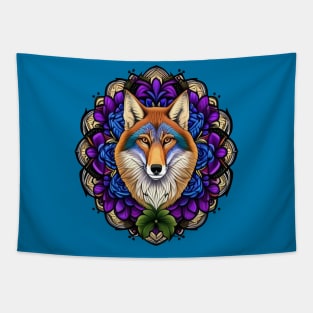 A Coyote Surrounded By A Wreath Of Pasque Flower Tattoo Art Tapestry