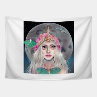 Nymeria and the Luna Moths, Unicorn Girl Tapestry