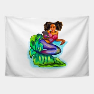 Mermaid Afro Mermaid - Coco the Magical rainbow mermaid and phone - brown eyes, Afro hair in two puffs and caramel brown skin - light background Tapestry