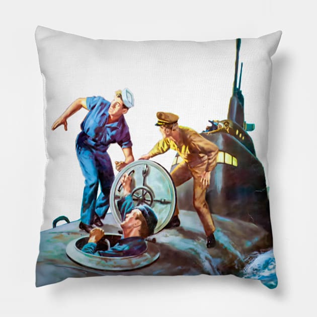 Deep Sea Terror: Startled Sailors and the Submarine Hatch Door Abyss Retro Vintage Comic Pillow by REVISTANGO