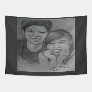 Boy and Girl Pencil Drawing Tapestry