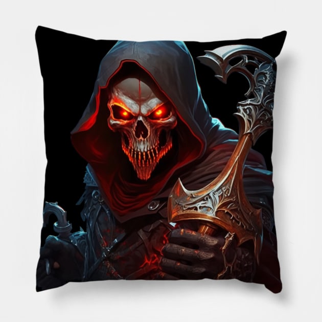 Sinister skull with red eyes with a scythe Pillow by newcoloursintheblock